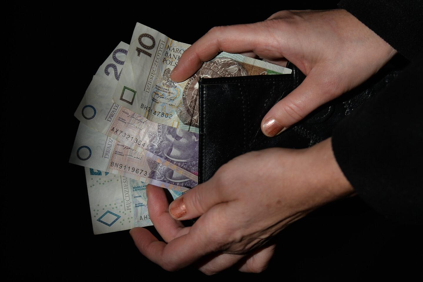 Na zdjęciu banknoty dziesięcio-, dwudziesto- i pięćdziesięciozłotowe w portfelu