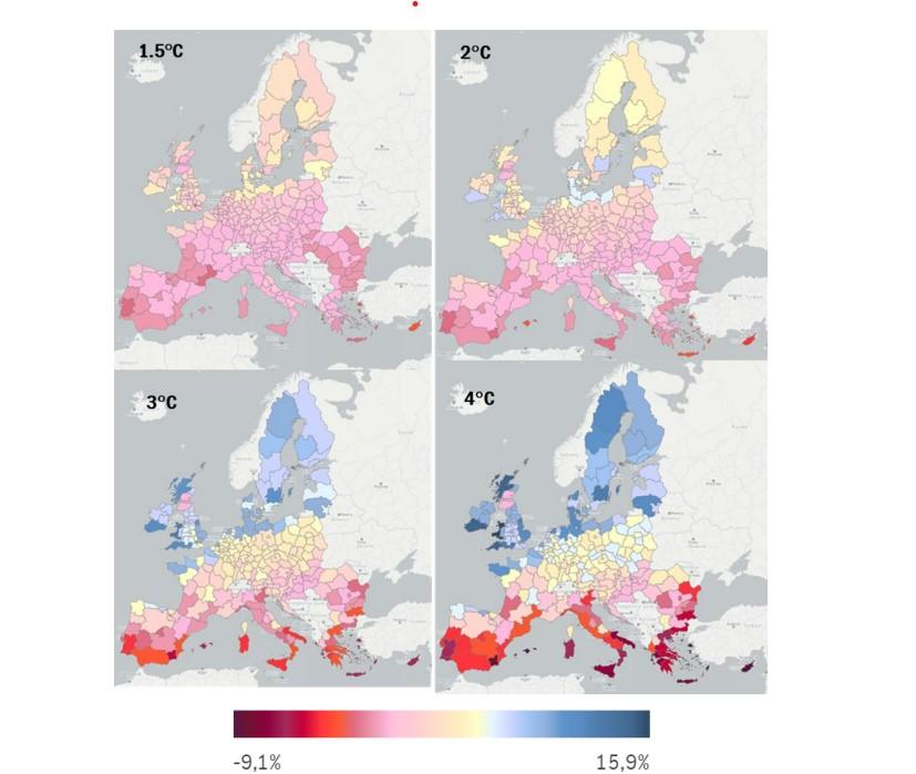 Prognozowany rozwój regionalnego popytu turystycznego w Europie dla wszystkich scenariuszy globalnego ocieplenia, w porównaniu do 2019 r. 