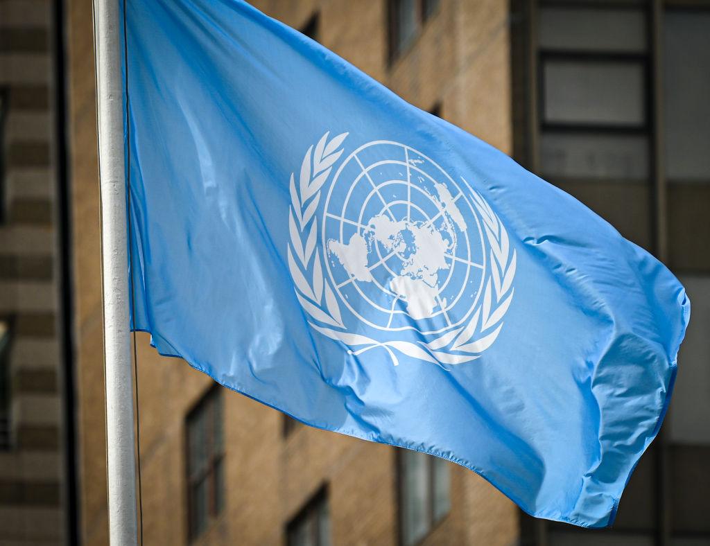 Zdjęcie przedstawia logo ONZ na błękitnej fladze