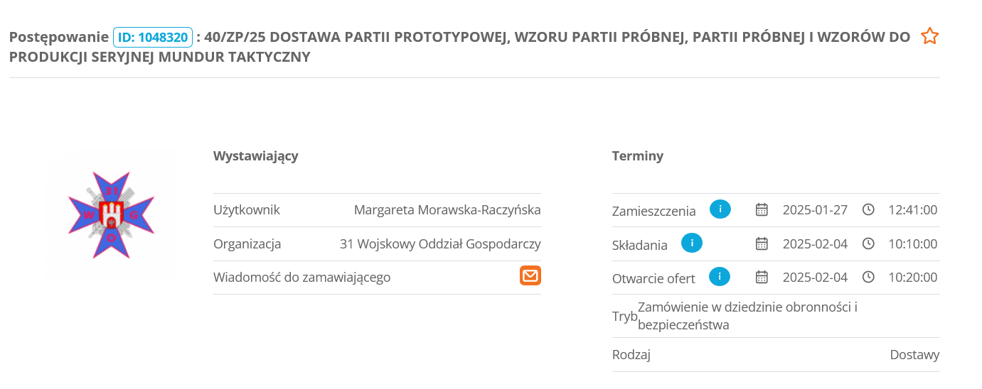 Zrzut ekranu z postępowania na dostawę próbnej partii nowych mundurów dla Wojska Polskiego