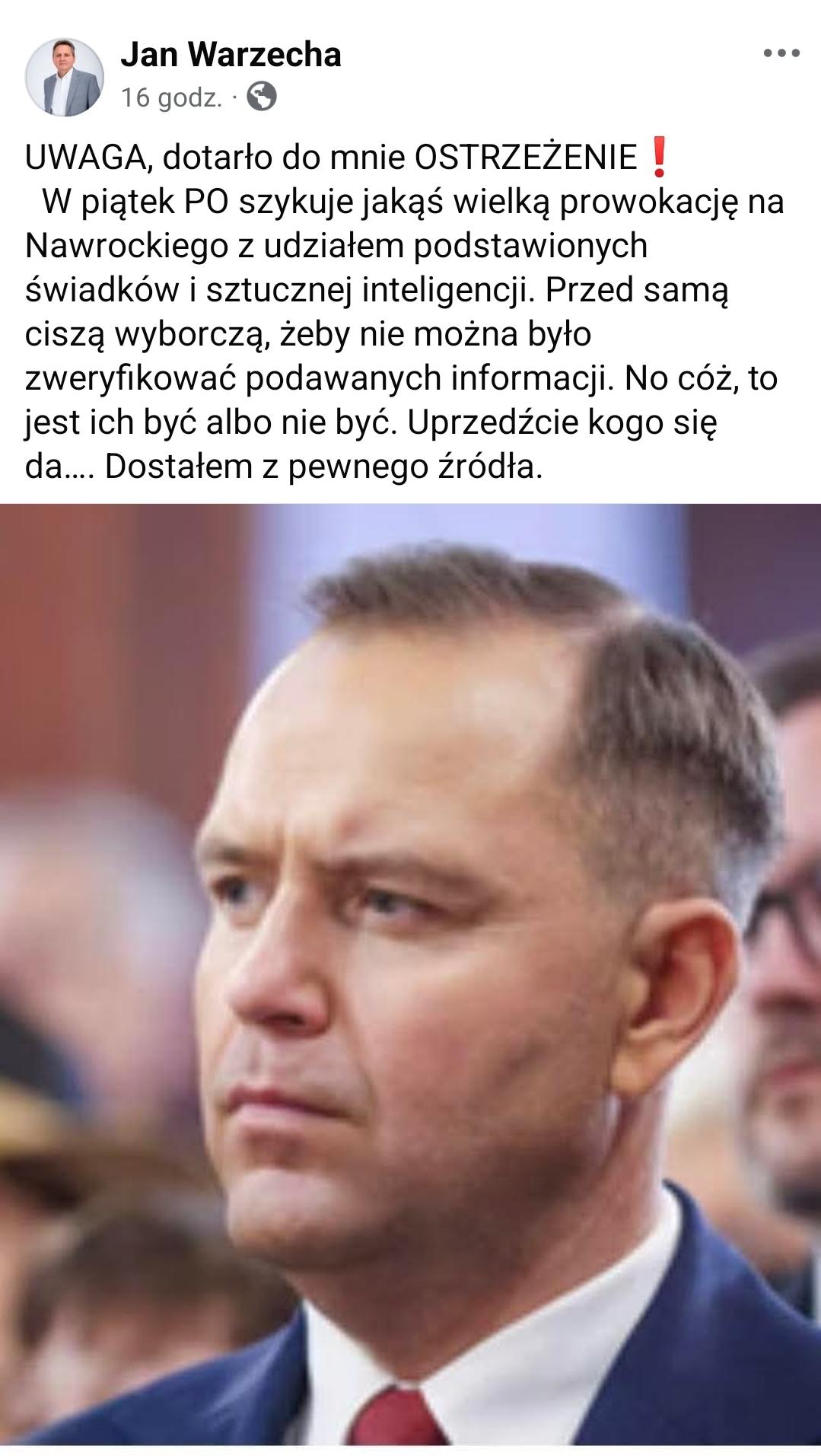Zrzut ekranu posta opublikowanego przez posła Jana Warzechę