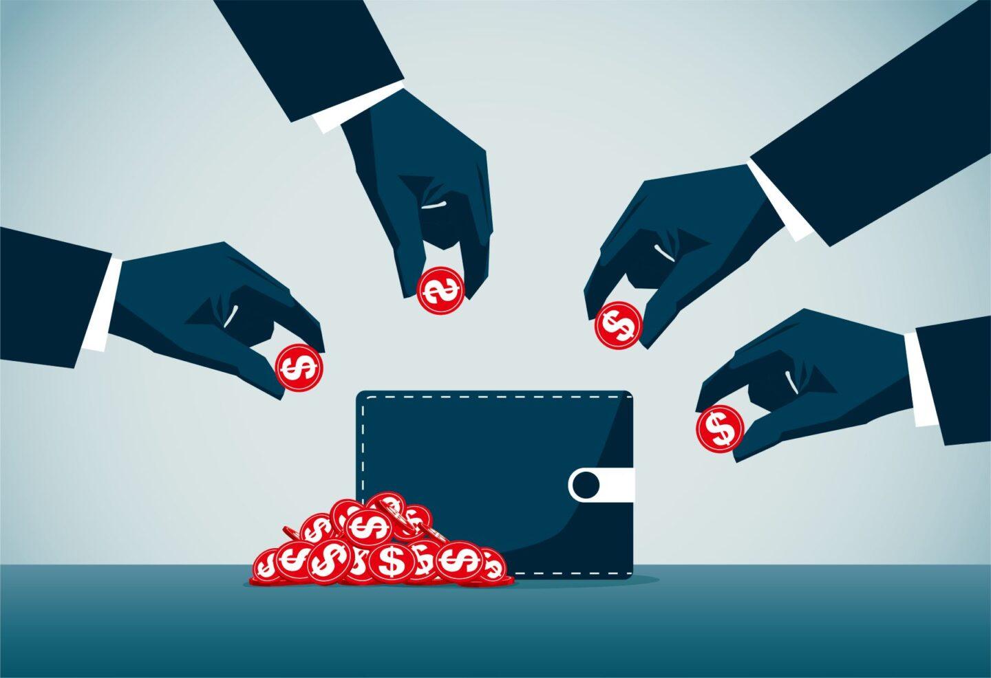 Crowdfunding - zdjęcie ilustracyjne. Grafika: cztery dłonie dokładające żetony z symbolem dolara do portfela.