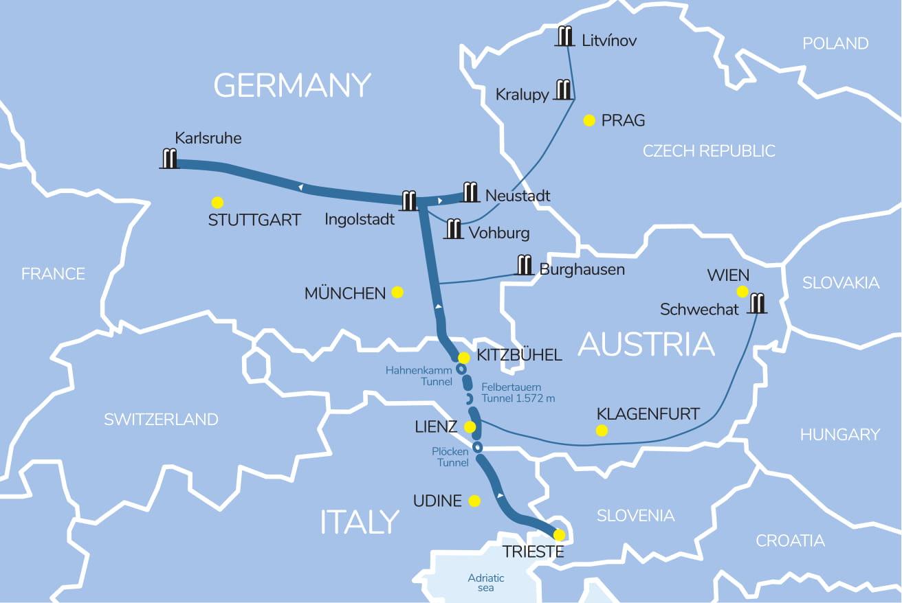 Trasa Ropociągu Transalpejskiego wiodącego z włoskiego portu m.in. do Niemiec, Austrii i Czech.