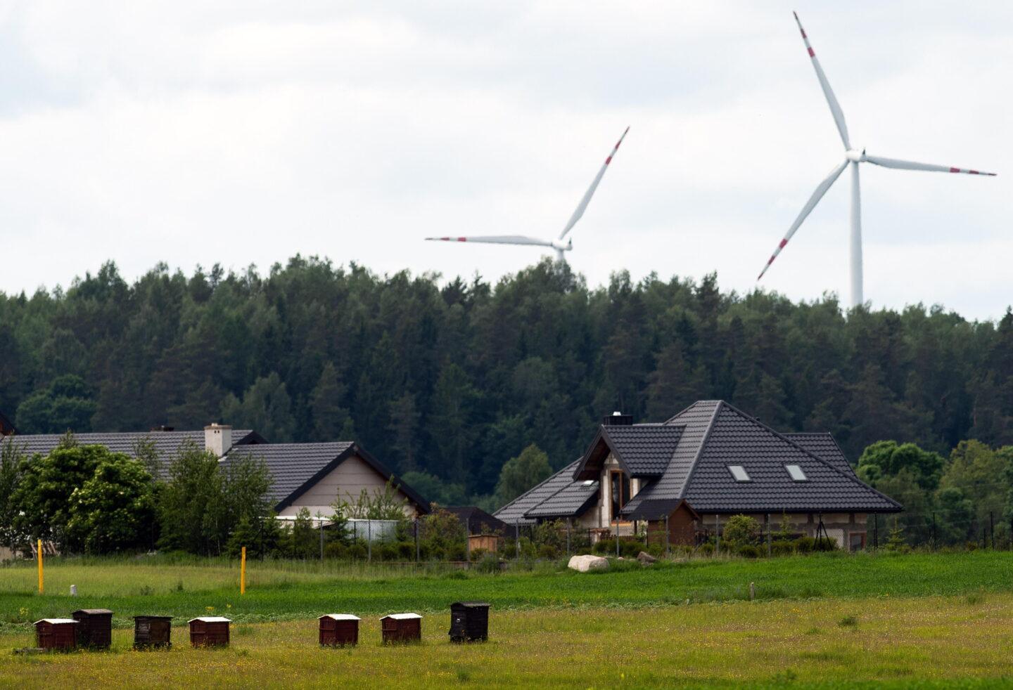 Domy we wsi Prudziszki, za nimi widoczne są wiatraki Parku Wiatrowego Suwałki.
