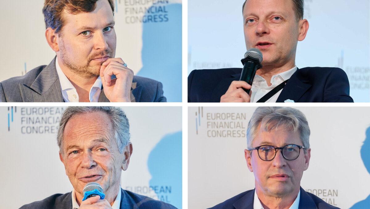 Na zdj. górny rząd od lewej: Maciej Kuziemski, Fundacja PKO BO, Szymon Midera, PKO BP, dolny rząd od lewej: Andreas Treichl, Erste Foundation, Wojciech Sobieraj, Vodeno, Aion Bank. Fot. Europejski Kongres Finansowy
