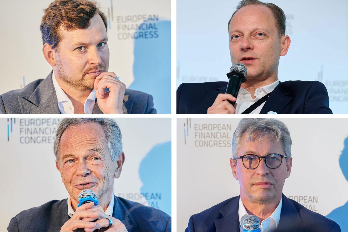 Na zdj. górny rząd od lewej: Maciej Kuziemski, Fundacja PKO BO, Szymon Midera, PKO BP, dolny rząd od lewej: Andreas Treichl, Erste Foundation, Wojciech Sobieraj, Vodeno, Aion Bank. Fot. Europejski Kongres Finansowy