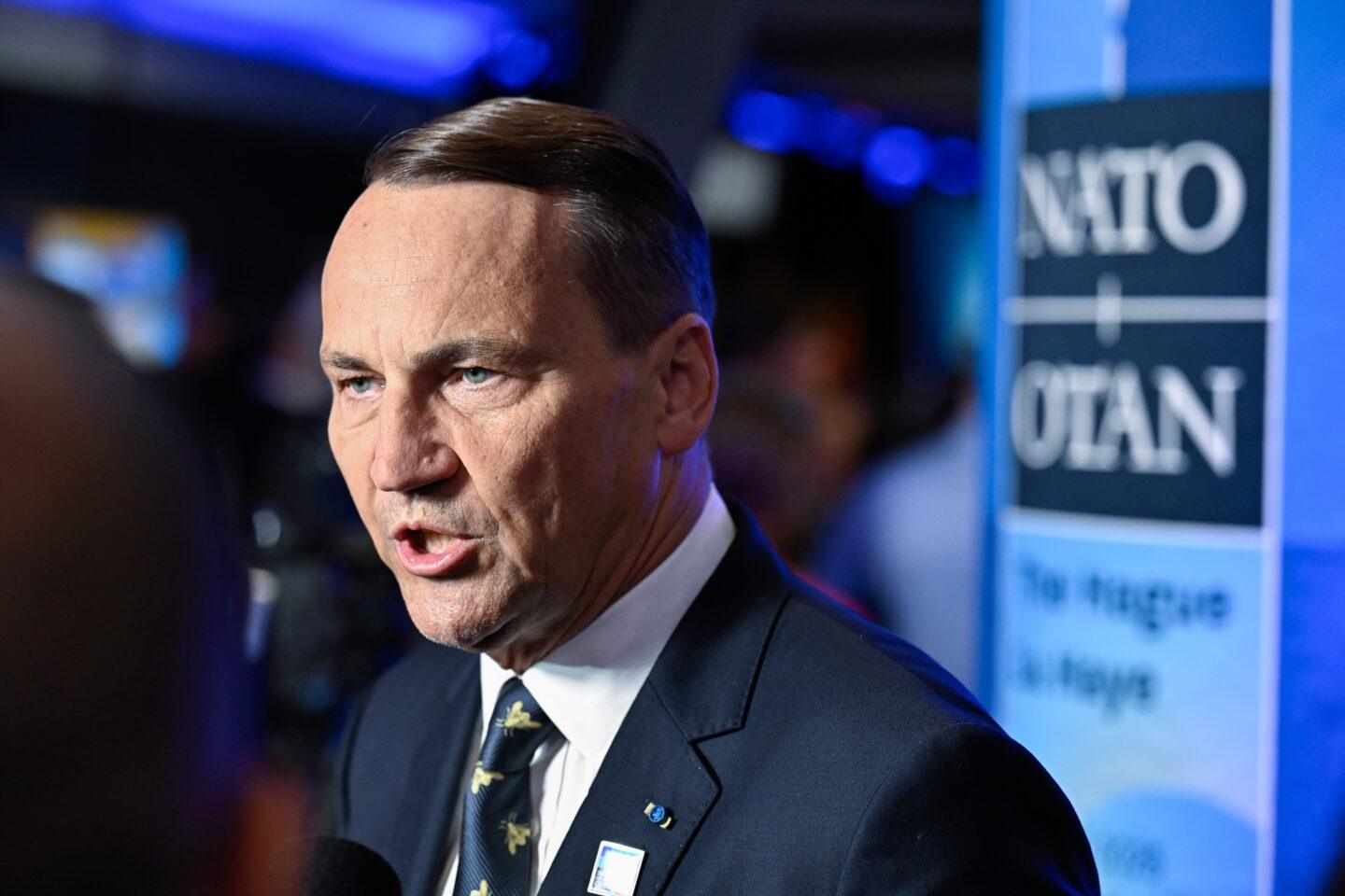 Minister spraw zagranicznych Radosław Sikorski podczas konferencji prasowej w Hadze