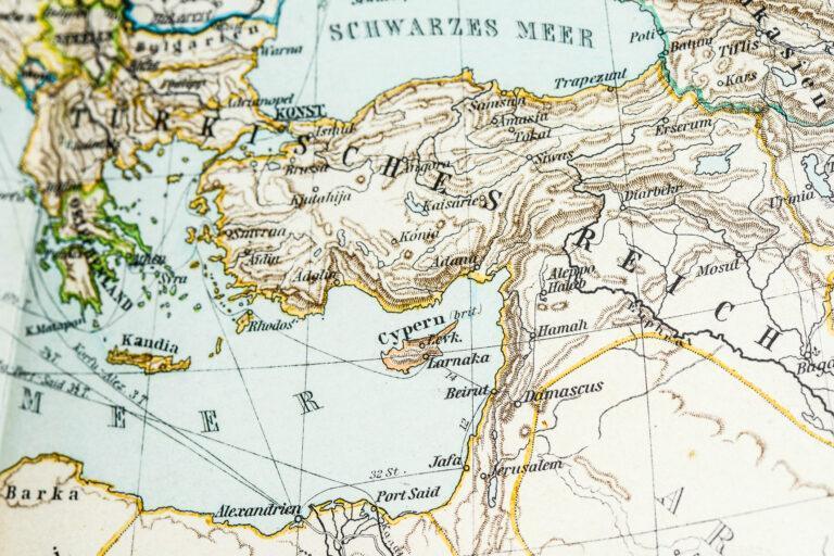 Fragment starej niemieckiej mapy: Cypr, Turcja i Bliski Wschód z bliska.