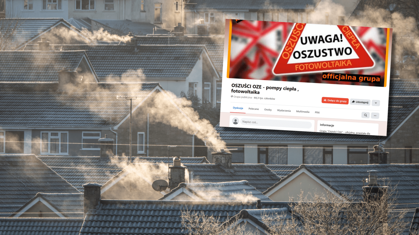 Dymiące kominy domów.