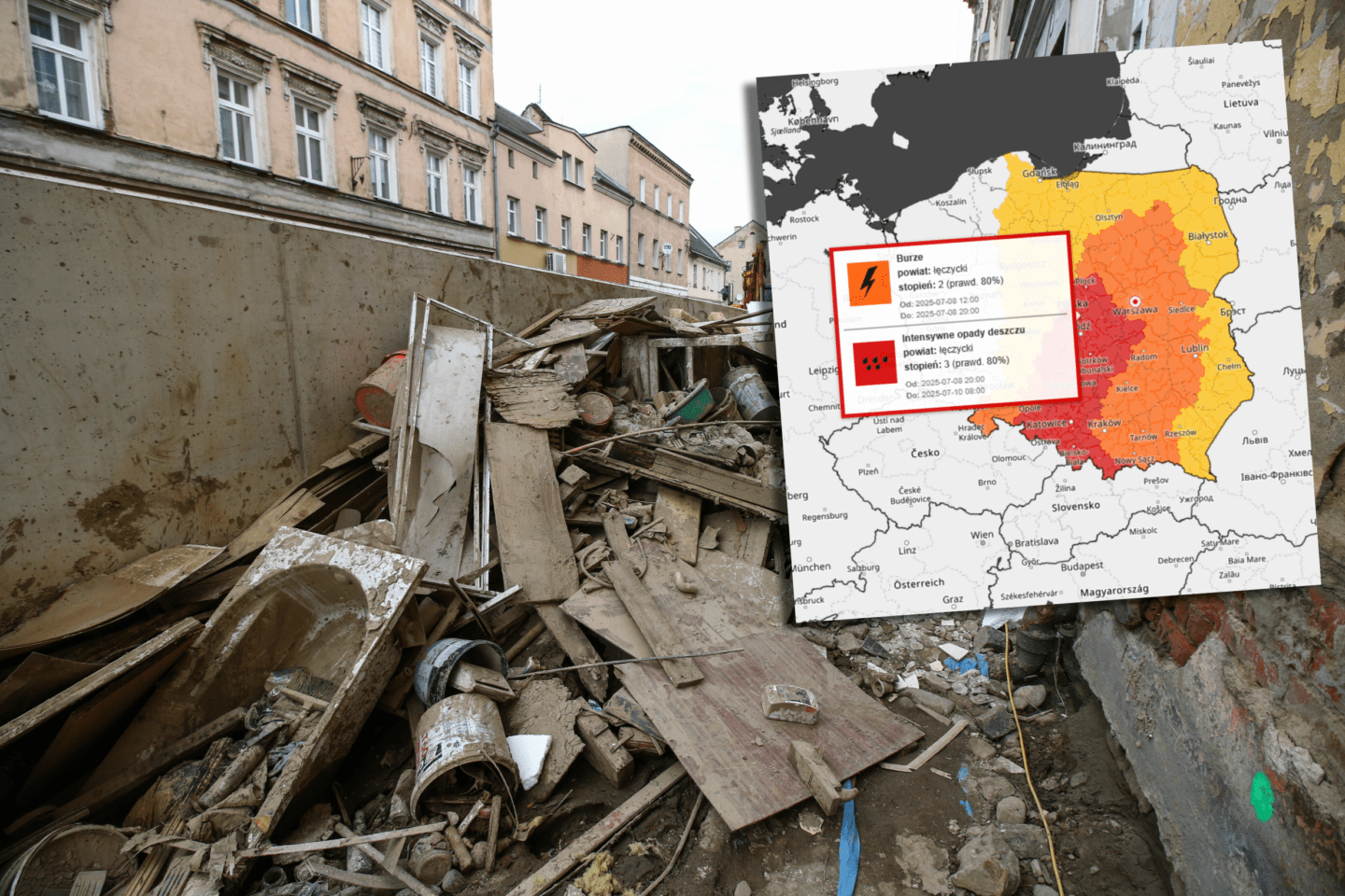 Mapa ostrzeżeń IMGW na tle skutków powodzi w Głuchołazach w 2024 r.