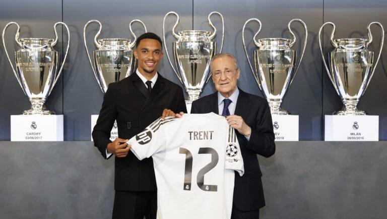 Trent Alexander-Arnold w towarzystwie prezesa Realu Madryt Florentino Péreza podczas prezentacji Anglika jako piłkarza Realu Madryt. Wydarzenie miało miejsce 12 czerwca 2025 roku w centrum treningowym klubu Valdebebas