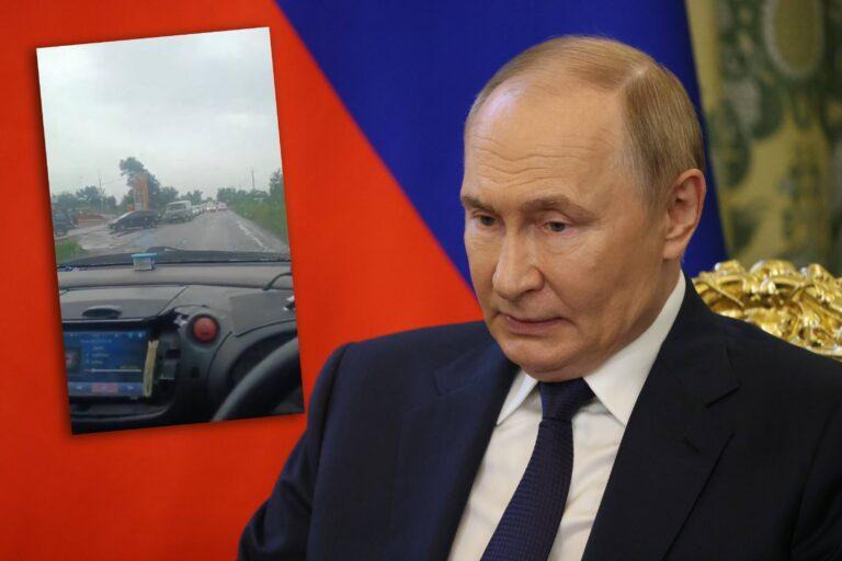 Na zdjęciu stopklatka z wideo przedstawiającego kolejkę na stację benzynową na tle zdjęcia rosyjskiego dyktatora Władimira Putina