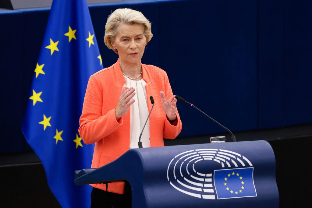 Ursula von der Leyen, president of the European Commission, delivers her state of the union address to the European Parliament in Strasbourg, France, on Wednesday, Sept. 13, 2023. The commission president is expected to stress how Russia's war in Ukraine has fundamentally altered the bloc. Photographer: Stefan Wermuth/Bloomberg via Getty Images