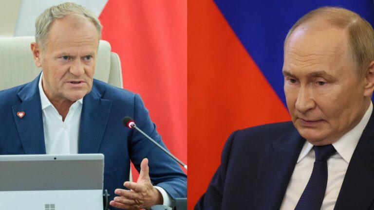 Na zbitce dwóch zdjęć z lewej premier Donald Tusk, z prawej rosyjski dyktator Władimir Putin