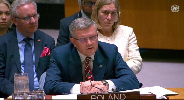Marcin Bosacki, wiceszef MSZ podczas wystąpienia przez Radą Bezpieczeństwa ONZ. Fot. ONZ