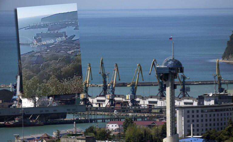 Stopklatka z obrazu wideo pokazującego atak ukraińskiego drona na tle zdjęcia z 2016. przedstawiającego port w Tuapse