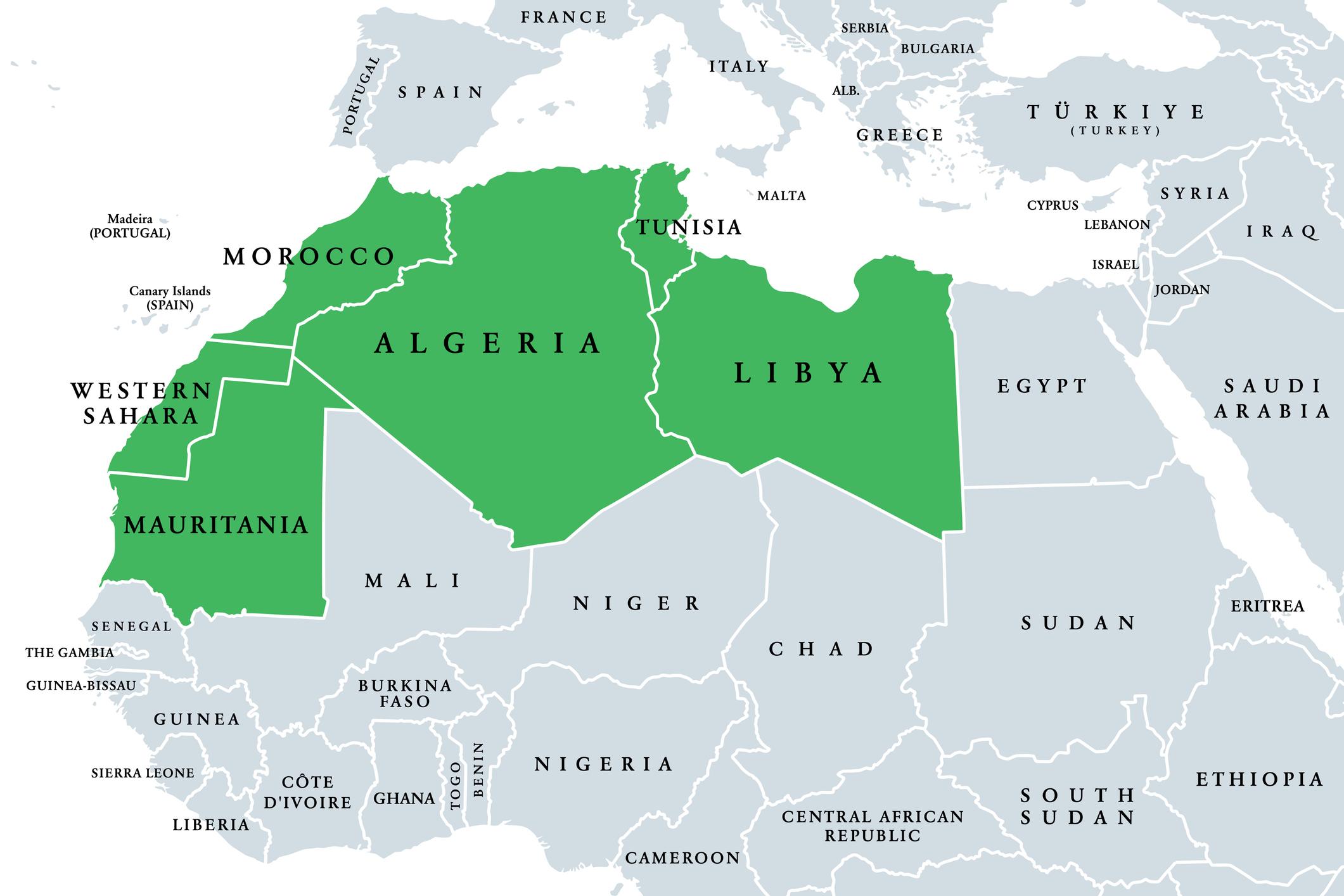 Maghreb, arabski Maghreb lub inaczej Afryka Północno-Zachodnia – mapa polityczna. Część świata arabskiego obejmująca Algierię, Libię, Maroko, Mauretanię, Tunezję, Saharę Zachodnią oraz hiszpańskie miasta Ceuta i Melilla.
