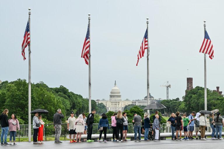 Amerykańskie flagi, a w tle Kapitol w Waszyngtonie