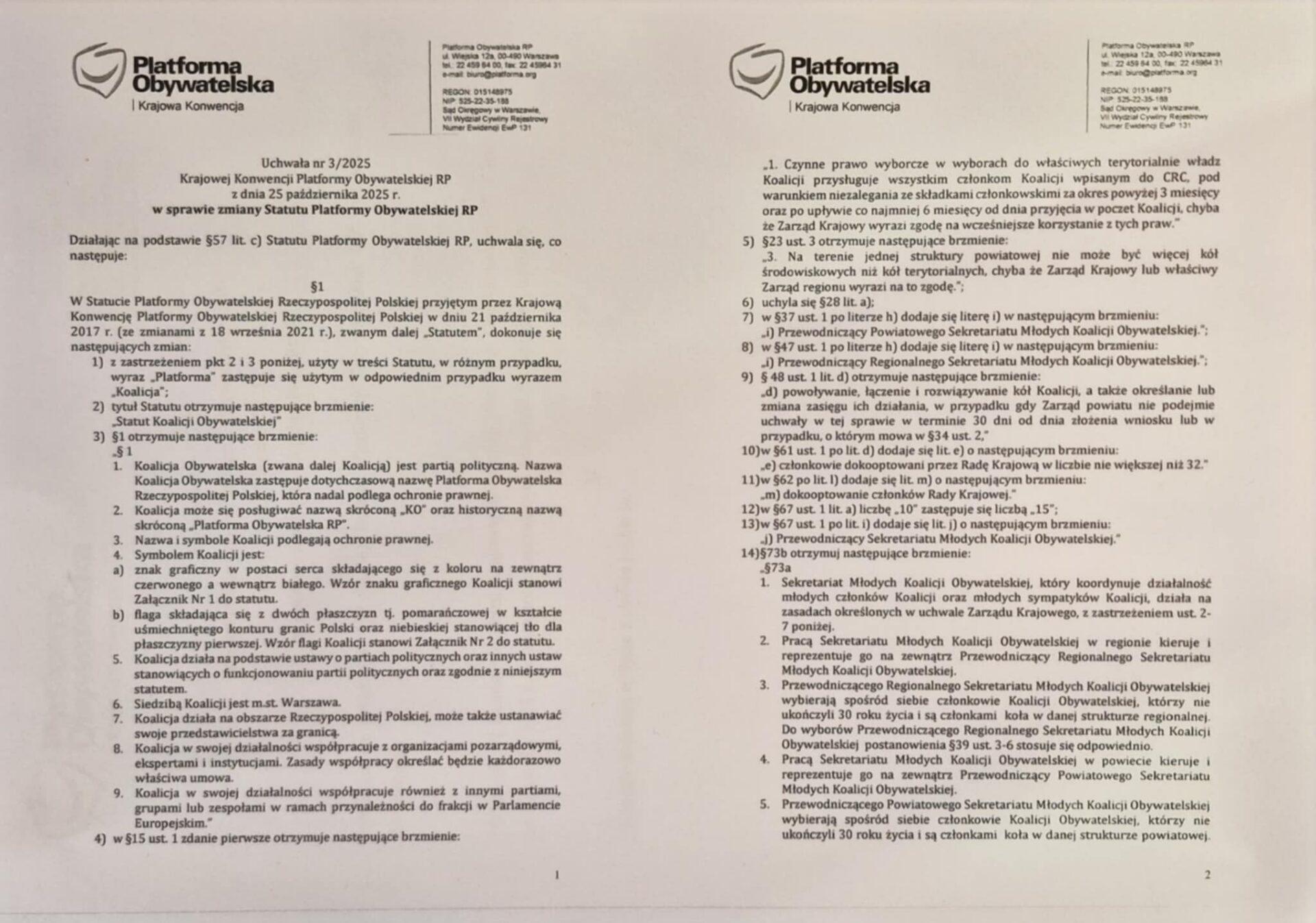 Uchwała o zmianach w statucie Koalicji Obywatelskiej