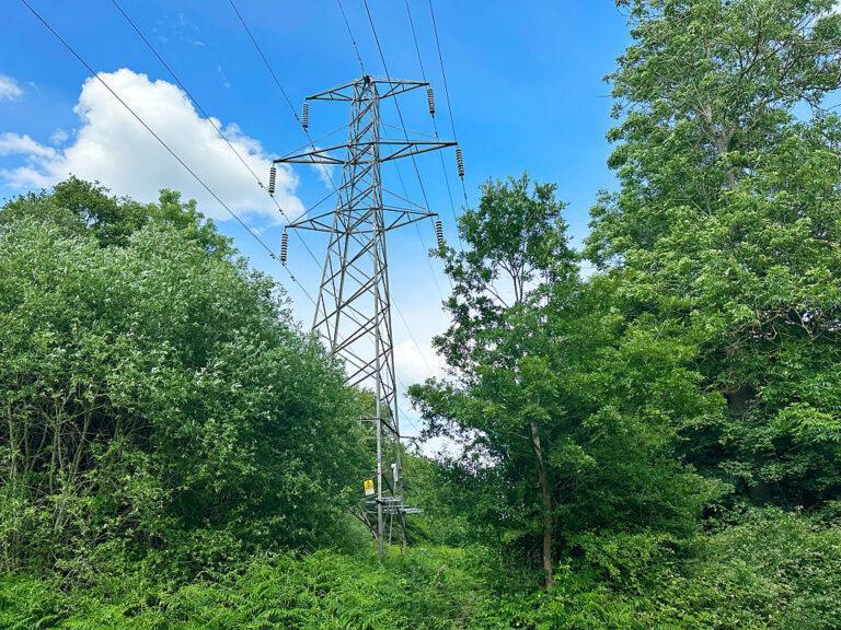 Zdjęcie przedstawia sieć słup sieci energetycznej na działce prywatnej