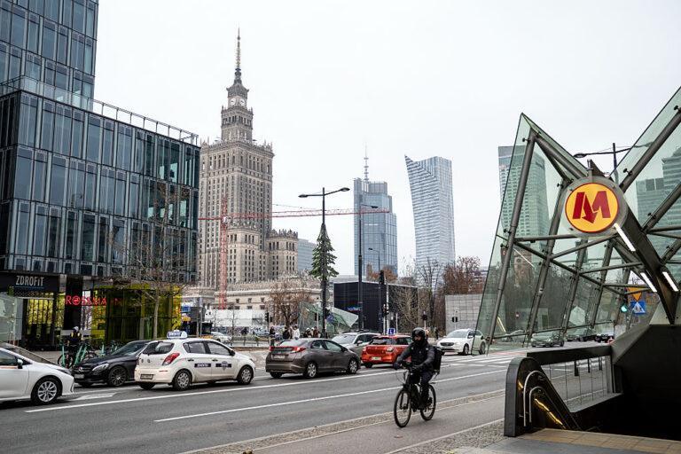 Traffic near a subway station entrance in Warsaw, Poland