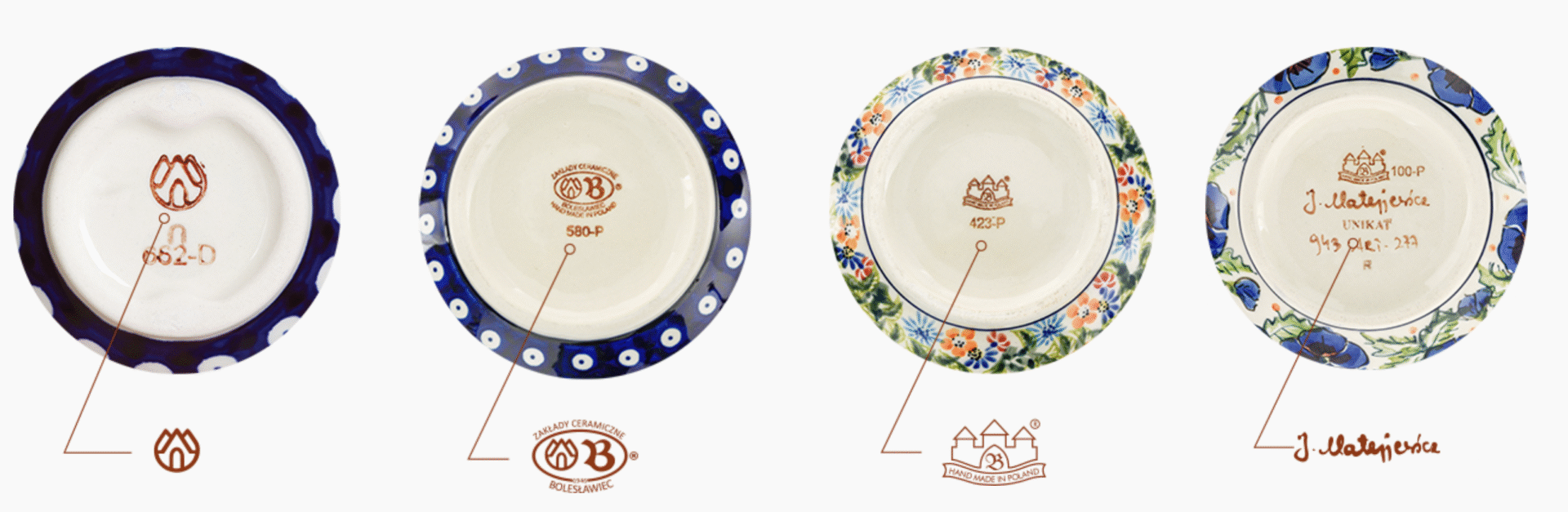 cztery rodzaje logo na ceramice z Bolesławca. 