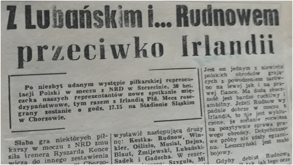 Fragment artykułu o debiucie Jana Rudnowa w reprezentacji Polski