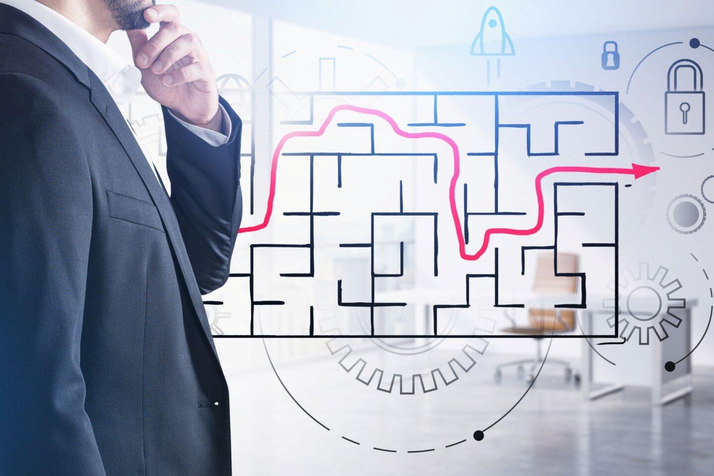 Ilustracja rynku venture capital - labirynt z drogą do exitu