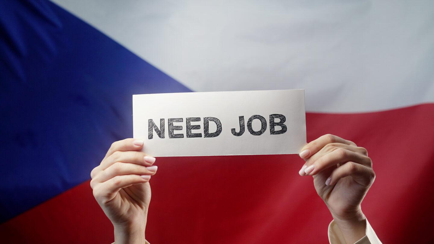 Napis "Need Job" na tle czeskiej flagi.