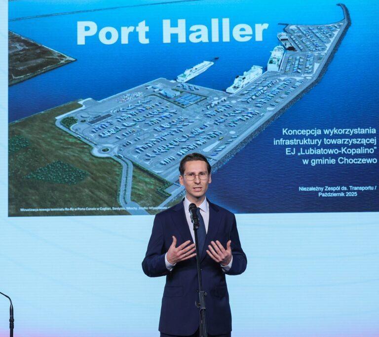 Poseł PiS Kacper Płażyński podczas prezentacji koncepcji Portu Haller
