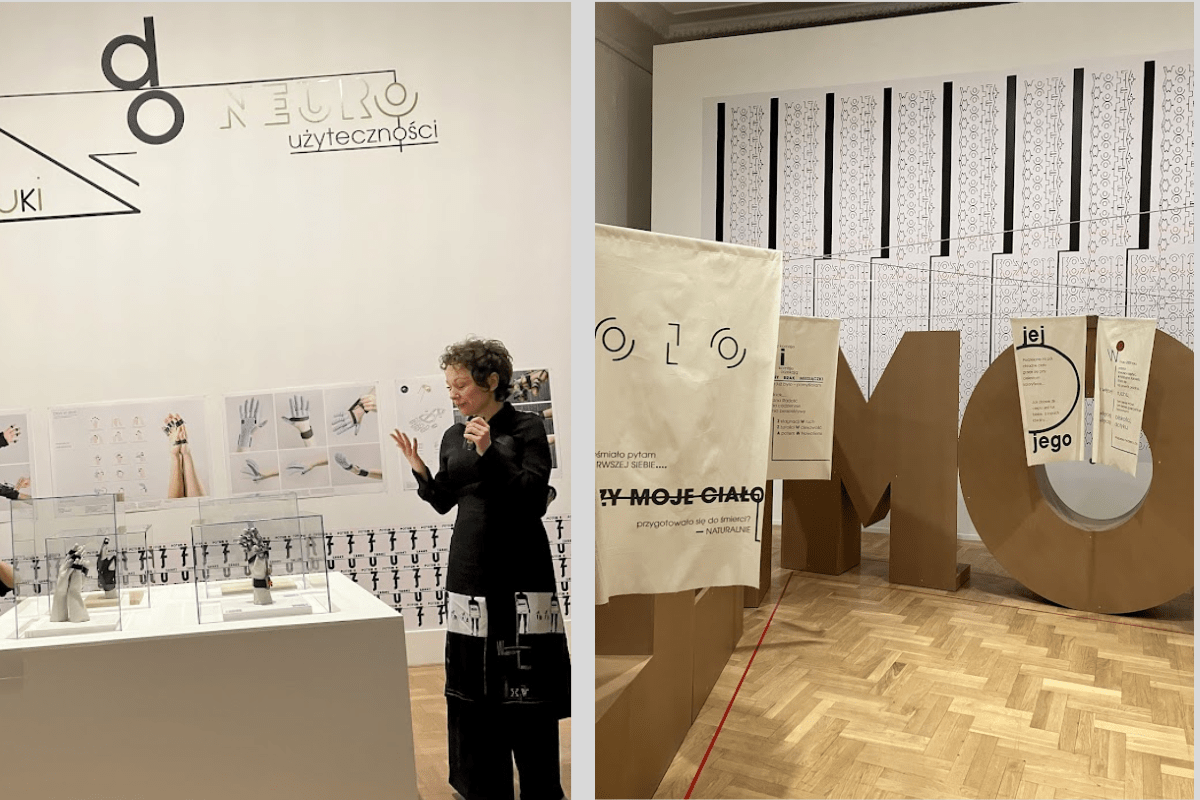 Karolina Wiktor i fragmenty ekspozycji „Kartografia macierzyństwa”.