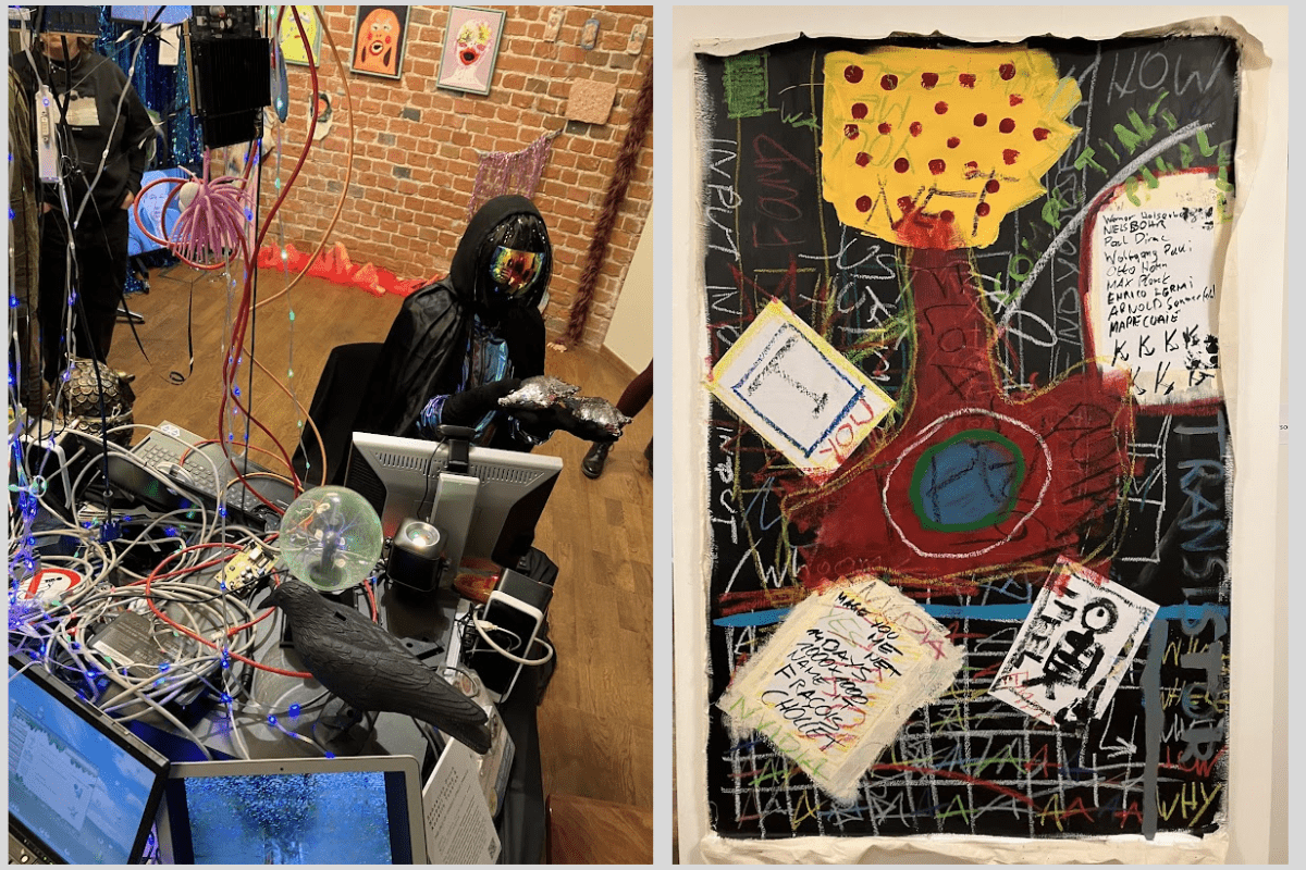 Z lewej: fragment performansu w trakcie wernisażu 26 lutego z instalacją Anny Pelz „AI Feelings” w tle. Z prawej: Daniel Mazanik „Who am I".