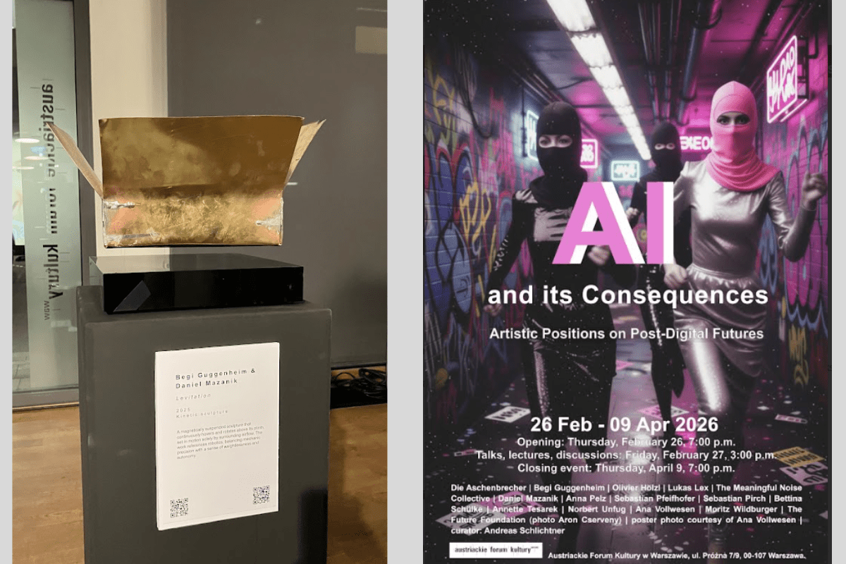 Fot. 3 Rzeźba magnetyczna „Levitation” Begi Guggenheim i Daniel Mazanik oraz plakat wystawy. 