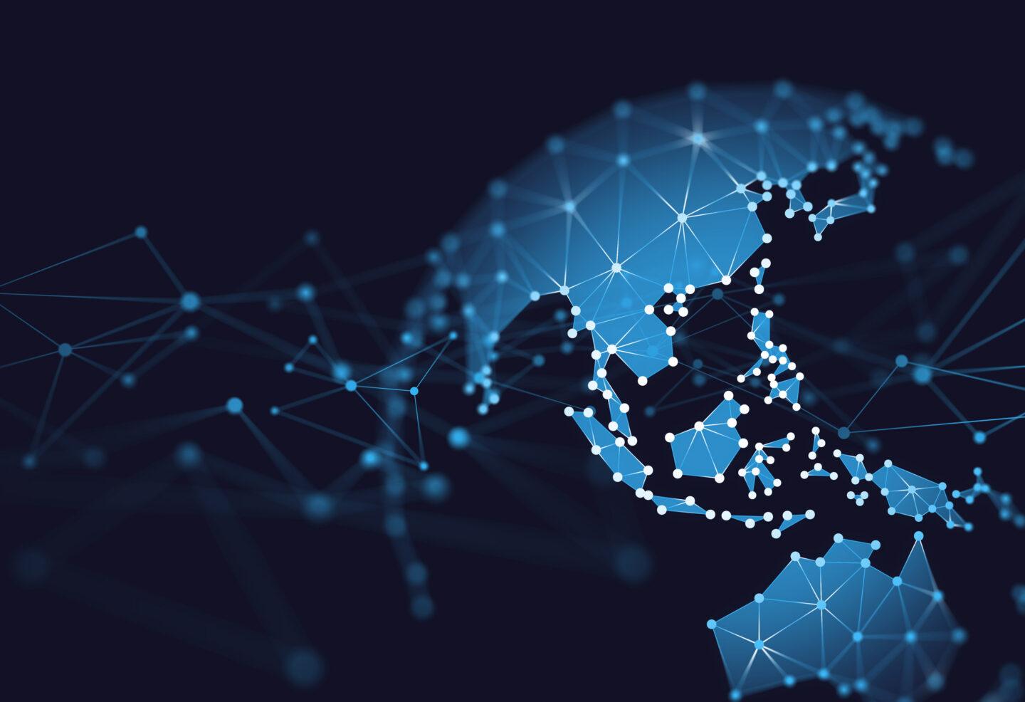 Geometryczna sieć połączeń na tle mapy Azji