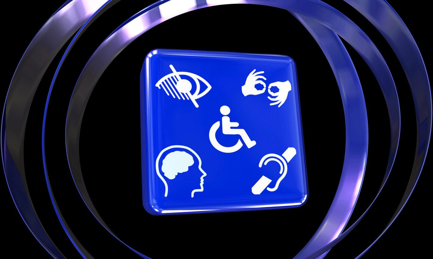 Niebieska grafika z symbolami dostępności: wózek inwalidzki, język migowy, niewidomi i niedosłyszący