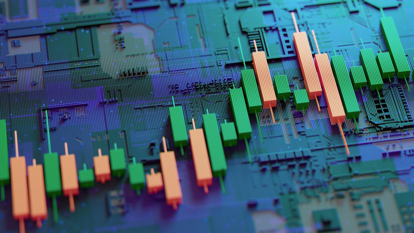 Vibrant Candlestick Chart Overlaid on Circuit Board, Representing Modern Stock Market Data Visualization