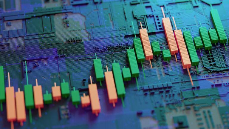 Vibrant Candlestick Chart Overlaid on Circuit Board, Representing Modern Stock Market Data Visualization