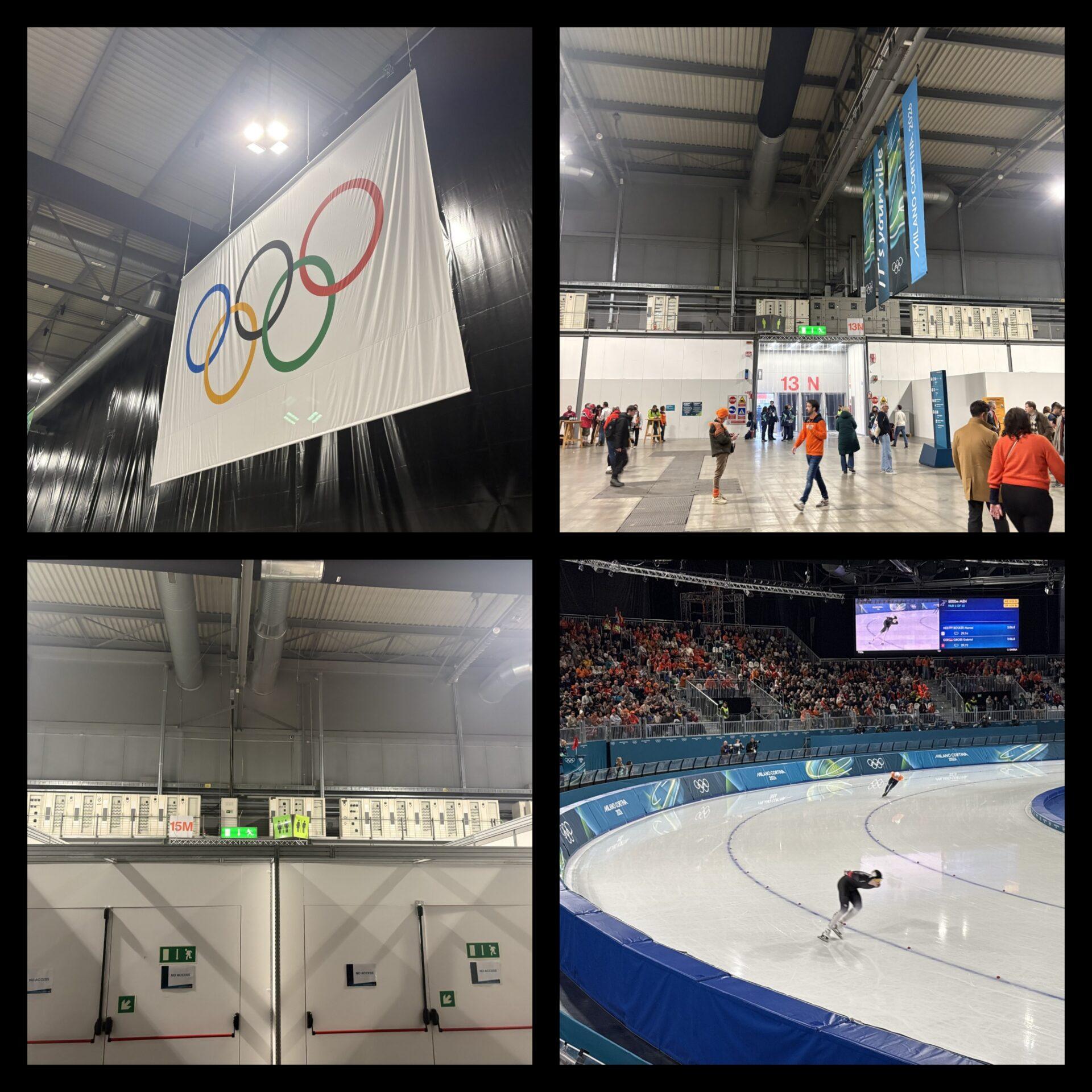 Kolaż zdjęć pokazujących od środka halę, na której rozgrywane są zawody z łyżwiarstwa szybkiego na igrzyskach.
