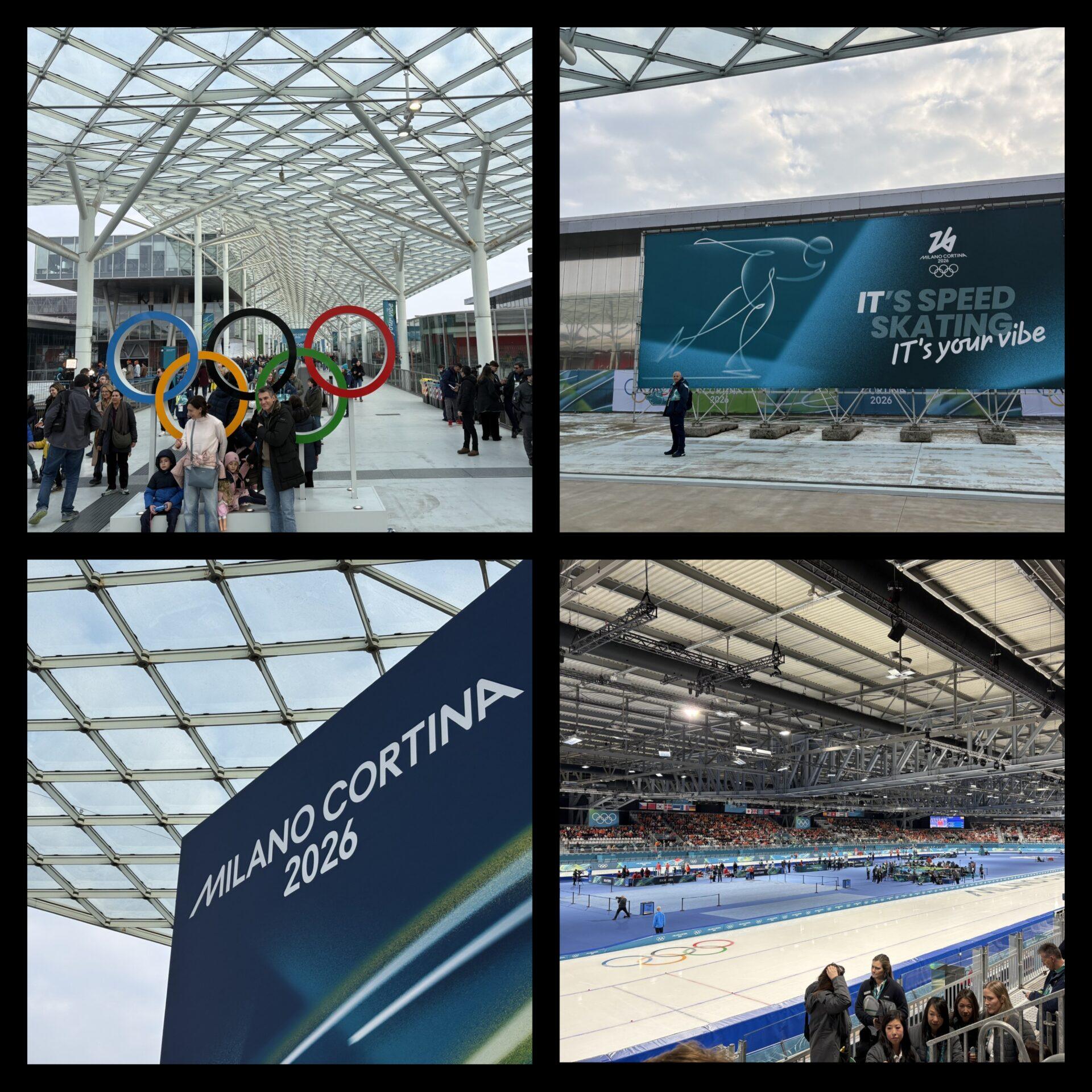 Kolaż zdjęć pokazujących z zewnątrz i od środka halę, na której rozgrywane są zawody z łyżwiarstwa na igrzyskach.