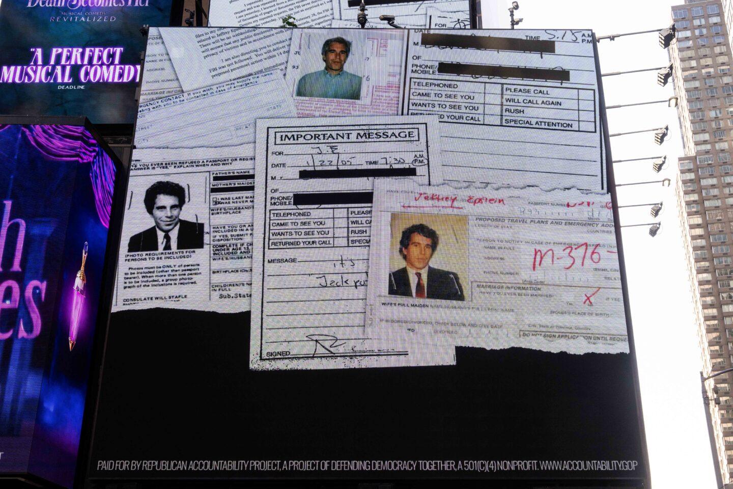 Billboard na Times Square w Nowym Jorku wzywający do ujawnienia akt Epsteina.