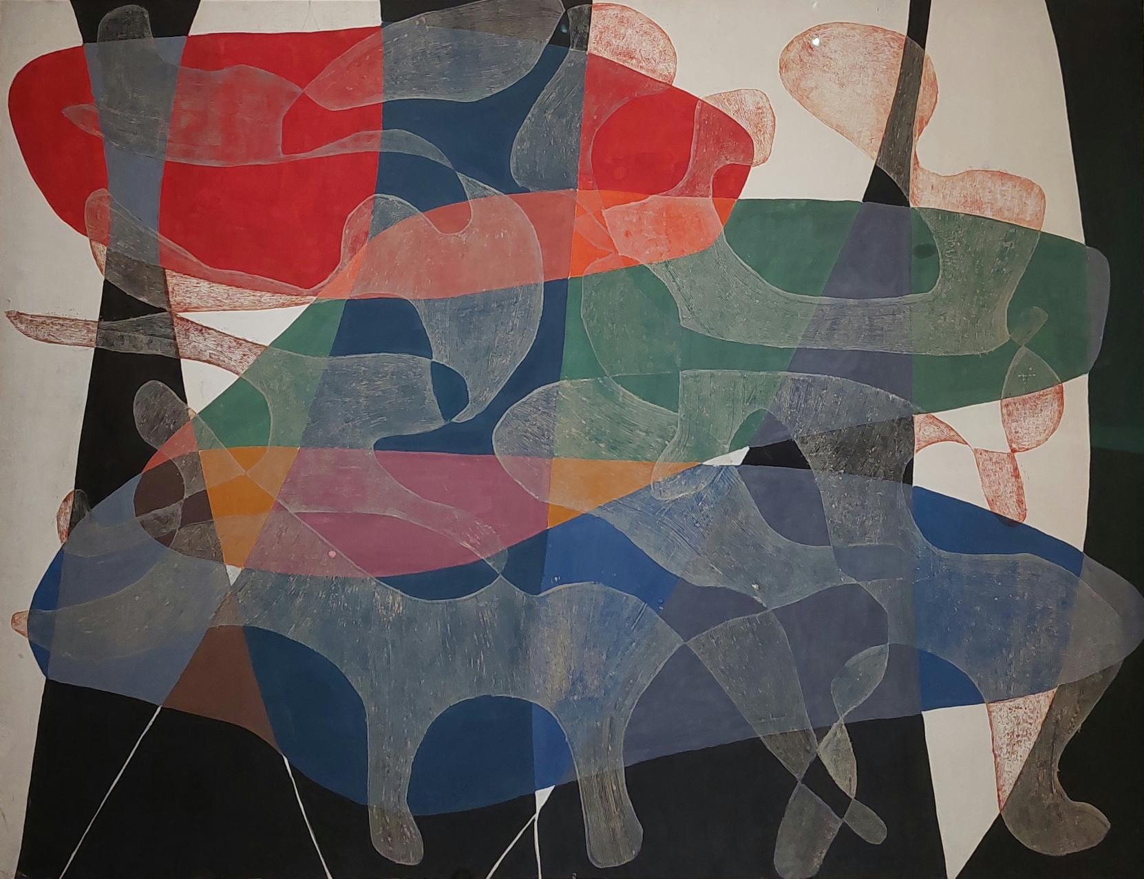 Maria Jarema, „Penetracje I”, 1957, tempera, monotypia na papierze przyklejonym na płótnie, Muzeum Sztuki, Łódź.