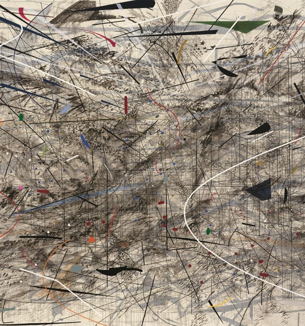 Julie Mehretu Detal z obrazu „Black City” (Czarne miasto), 2007, tusz i farba akrylowa na płótnie. 