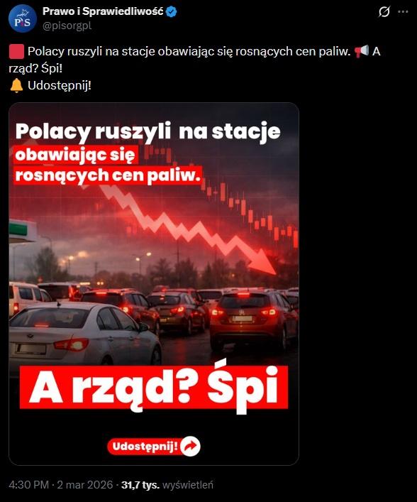 Politycy PiS na partyjnym profilu straszą możliwymi deficytami paliwa na stacjach benzynowych. Branża uspokaja i zapewnia, że rynek jest zabezpieczony na wypadek kryzysowych sytuacji.