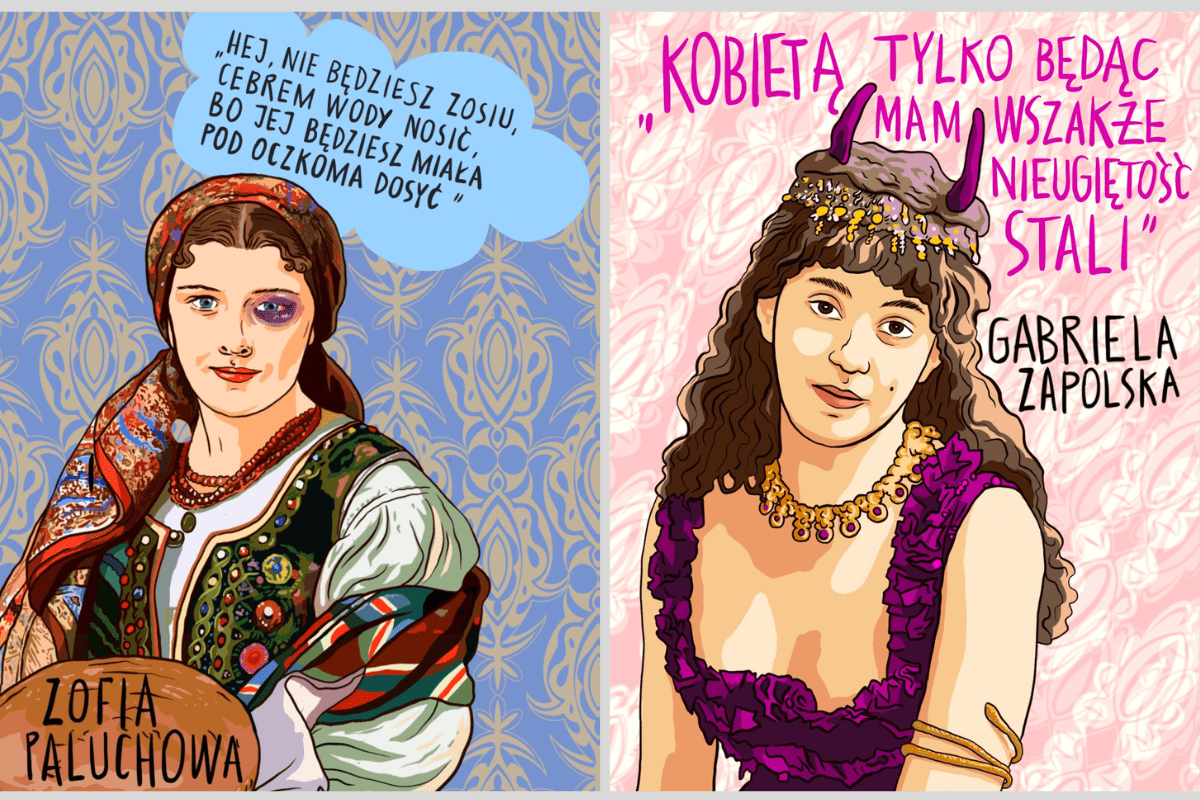 Fot. 3 Od lewej: Zofia Paluchowa z domu Frontczakówna, modelka i muza polskich malarzy, zamordowana przez męża, oraz Gabriela  Zapolska, pisarka, dramaturżka, biorąca pod lupę pruderię i społeczne zakłamanie . Ilustracje Marty Frej dzięki uprzejmości Wydawnictwa Muza