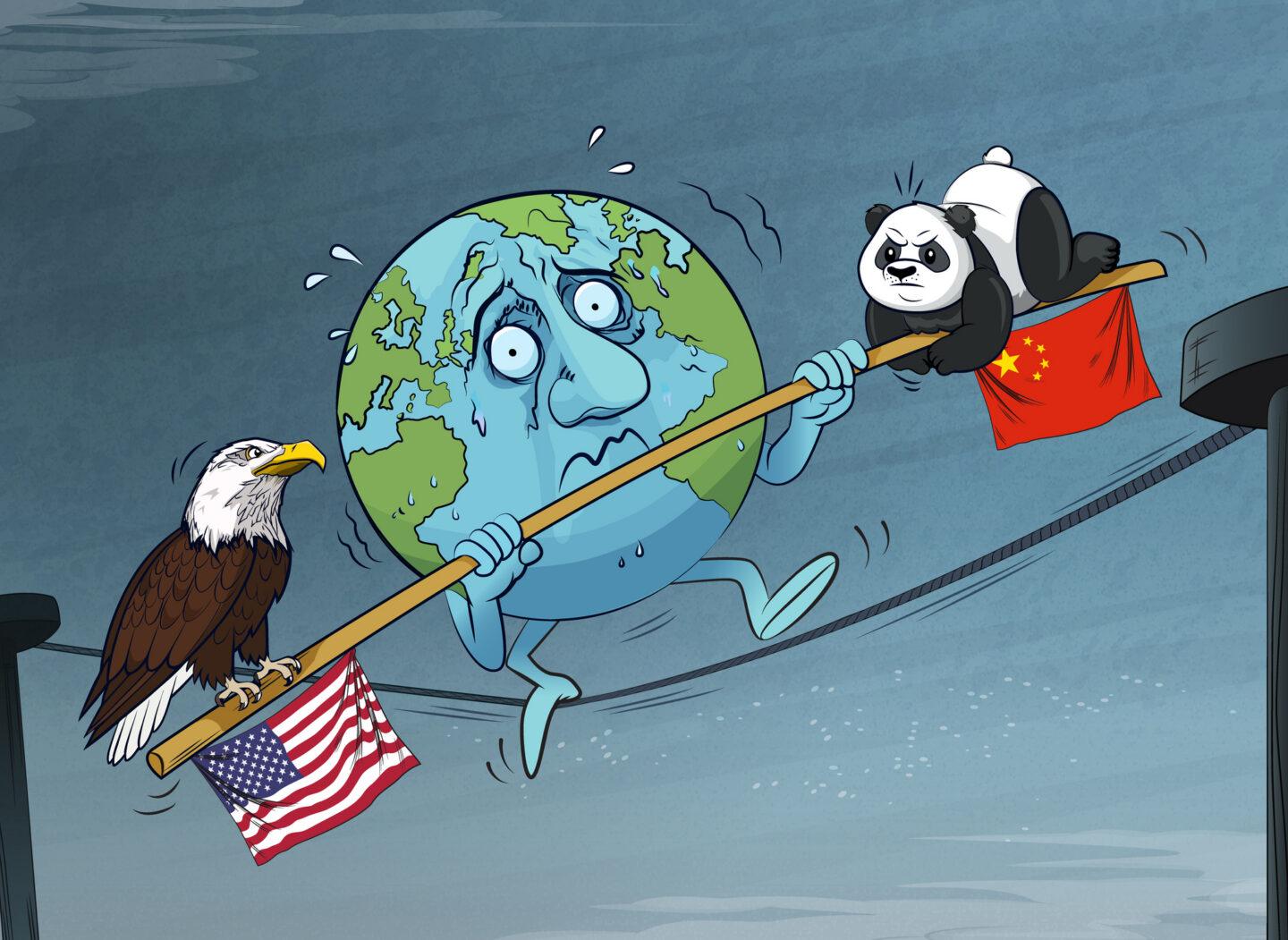 Ilustracja przedstawiająca Ziemię balansującą na linie z tyczką, po której jednej stronie jest amerykański orzeł, a po drugiej chińska panda