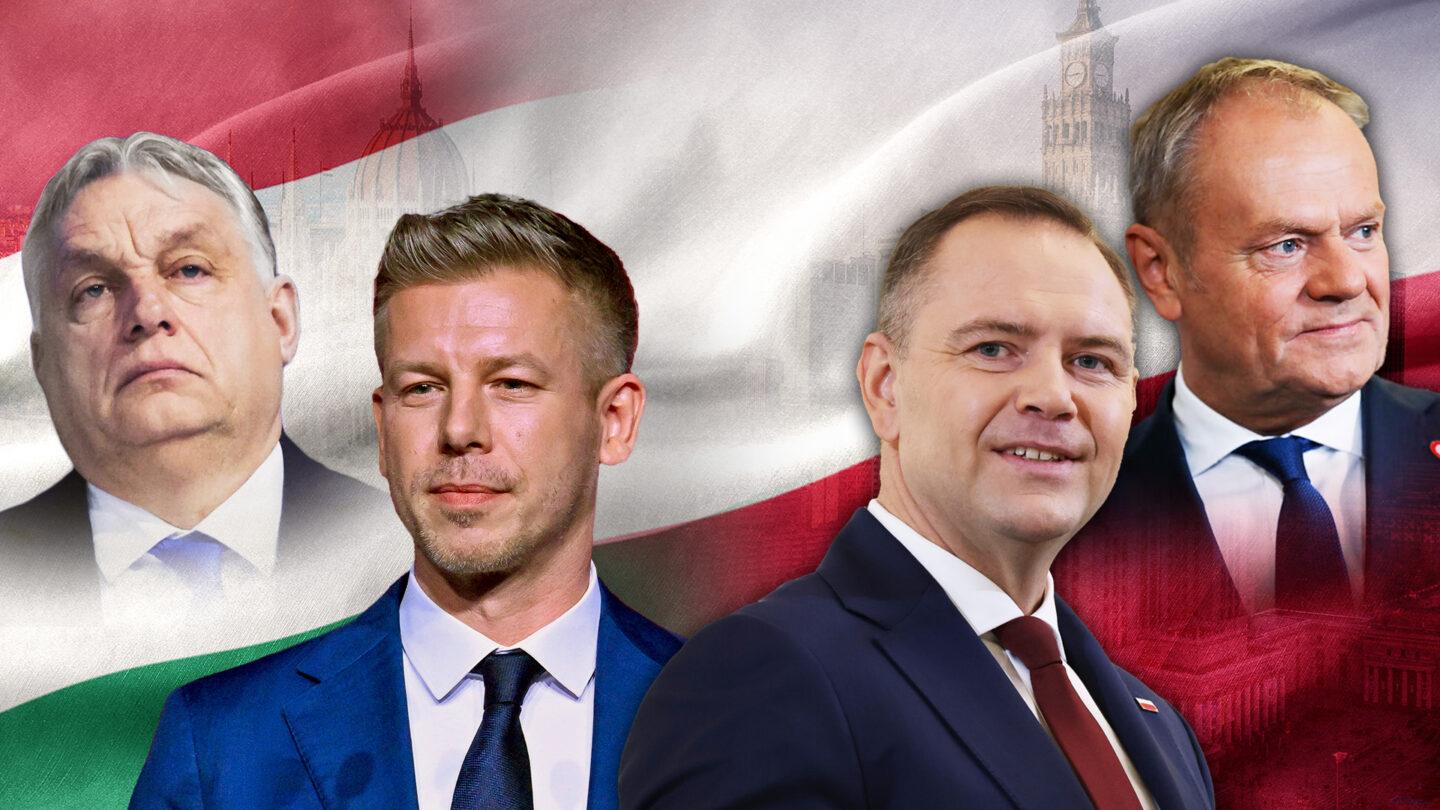 Ustępujący premier Węgier Viktor Orbán, kandydat na premiera Węgier Péter Magyar, prezydent Polski Karol Nawrocki i premier Polski Donald Tusk