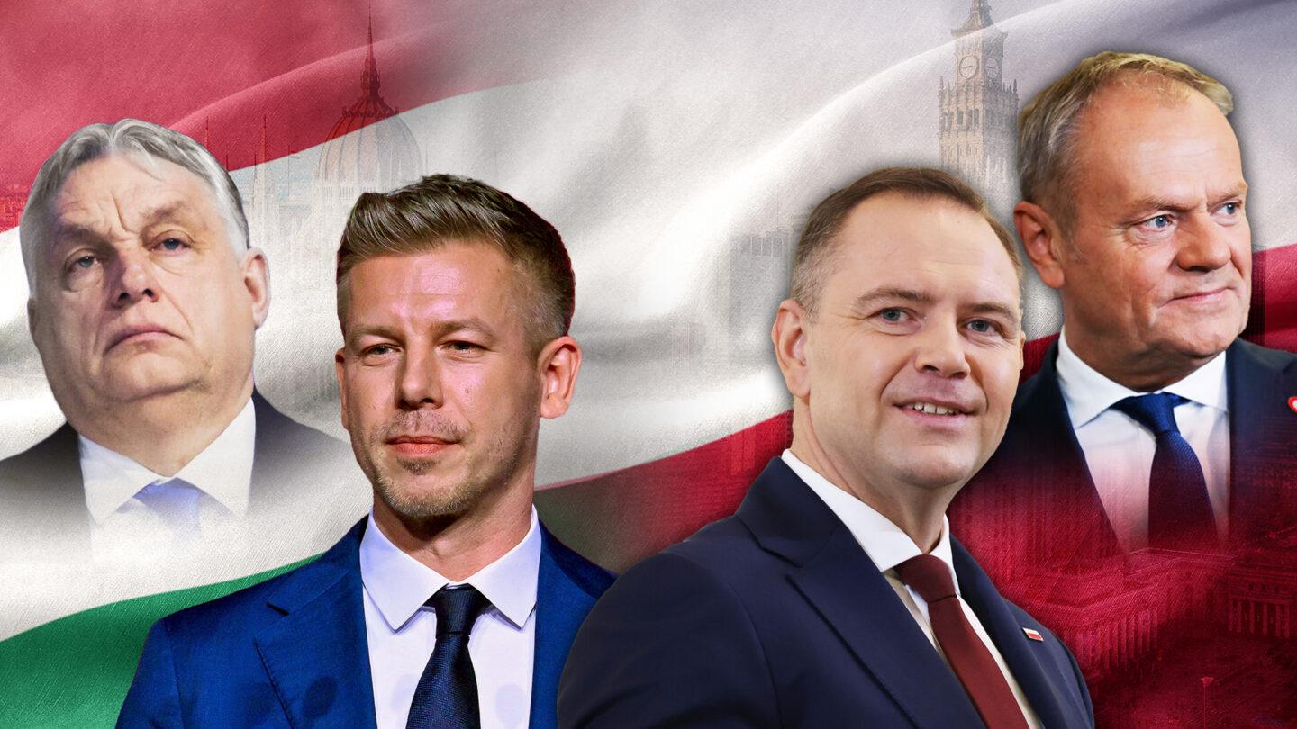 Ustępujący premier Węgier Viktor Orbán, kandydat na premiera Węgier Péter Magyar, prezydent Polski Karol Nawrocki i premier Polski Donald Tusk