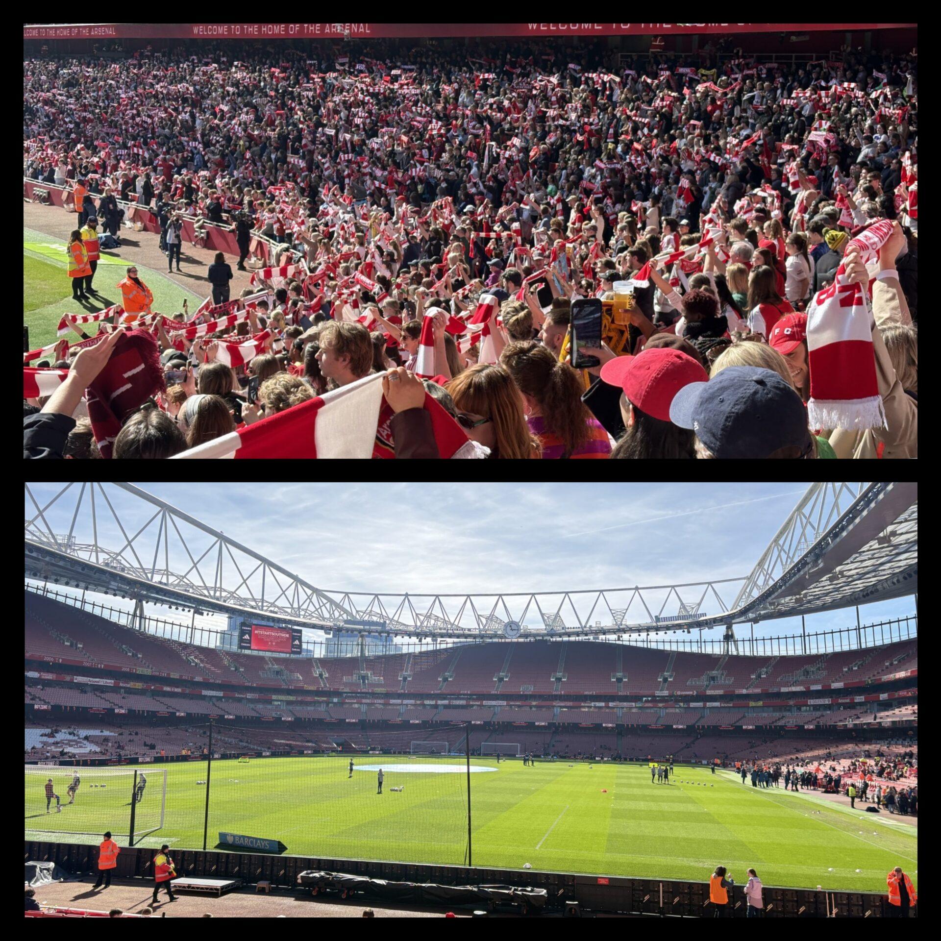Emirates Stadium w słońcu oraz kibice śpiewający na cześć Arsenalu