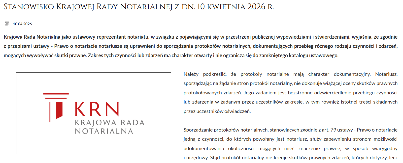 Treść oświadczenia notariatu na ich stronie