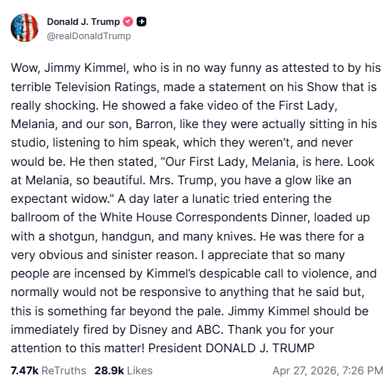 Zrzut z ekranu wypowiedzi Donalda Trumpa w portalu Truth Social